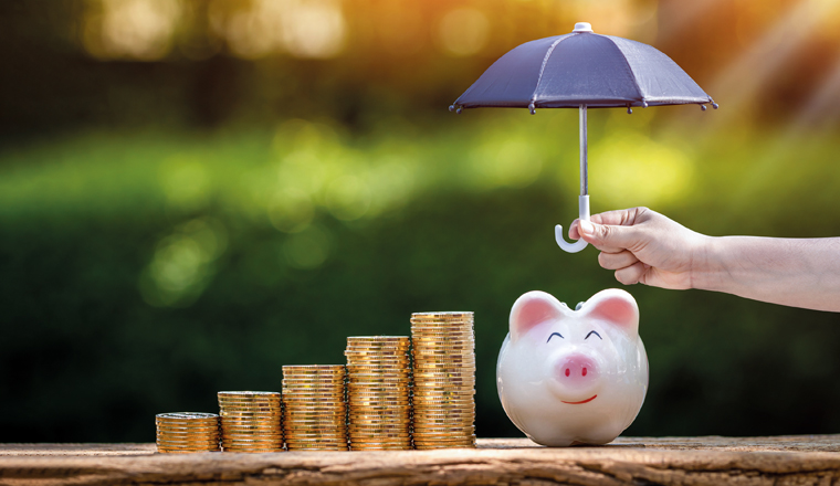 Piggy bank and stack gold coin and woman hand hold the black umbrella for protect on sunlight in the public park, to prevent for asset and saving money for buy health insurance concep