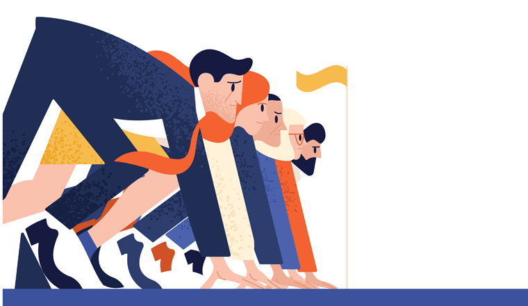 Man and woman at business race vector flat illustration. Office workers or clerks standing at starting position ready to sprint run isolated. Rivalry between colleagues. Professional competition.