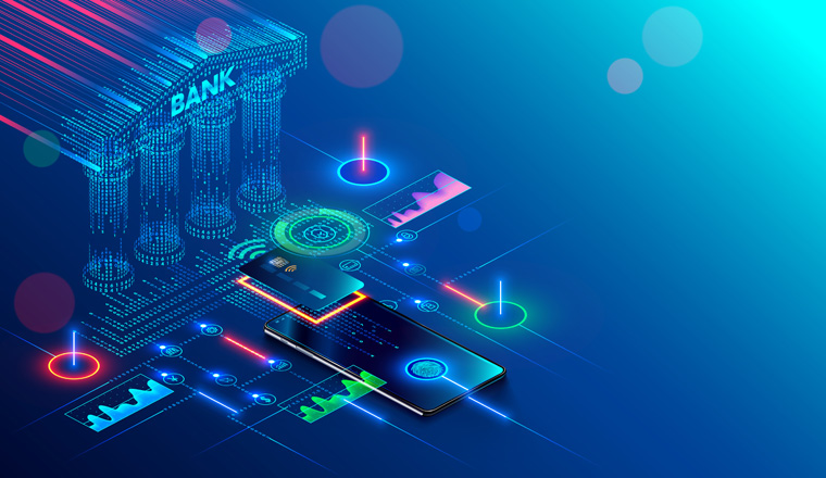 Mobile bank conceptual illustration. Internet online banking on phone. access to the money on bank card through app on smartphone with nfc technology. Digital Financial services and pay in web shop.