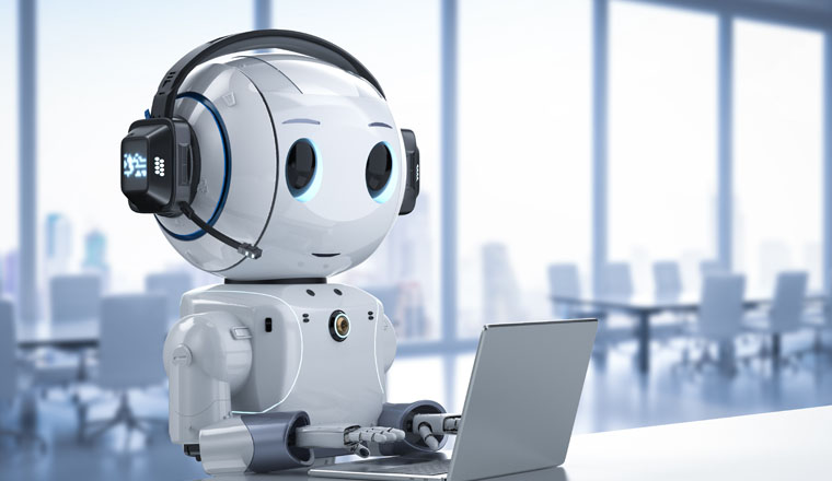 Automation customer service concept with 3d rendering cute robot working with headset and notebook