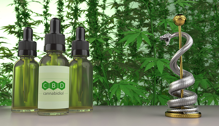 The bottles of the cbd oil with the aesculapian staff on the table. 3d illustration.