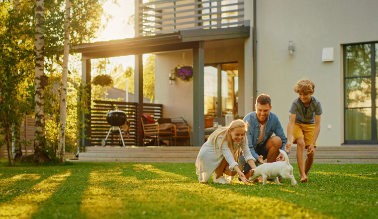 Smiling Father, Mother and Son Pet and Play with Smooth Fox Terrier Retriever Dog. Sun Shines on Idyllic Happy Family with Loyal Pedigree Dog have Fun at the Idyllic Suburban House Backyard