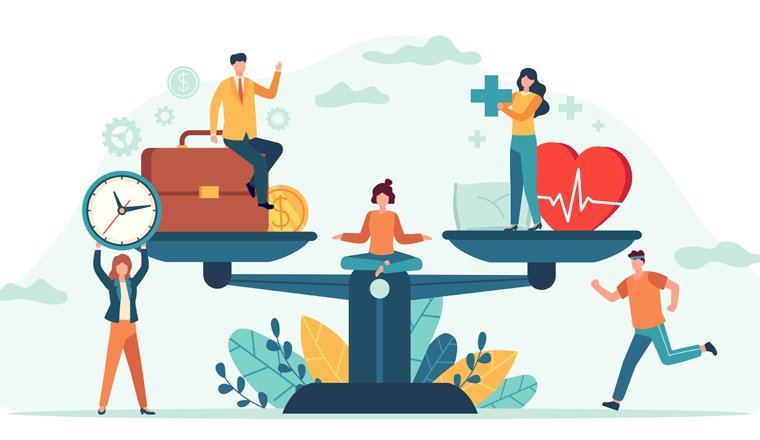 Health and work on scales. People balance job, money and sleep. Comparison business stress and healthy life. Tiny employees vector concept. Measurement equality health and work illustration
