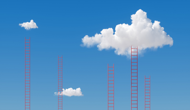 3d render, many red ladders reach the white cloud on the blue sky. Success metaphor, surreal dream, opportunity or choice concept