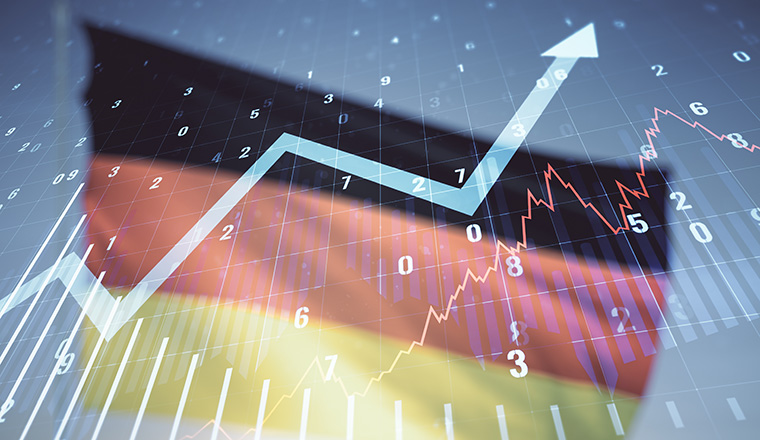 Abstract virtual financial graph and upward arrow hologram on German flag and sunset sky background, financial and trading concept. Multiexposure