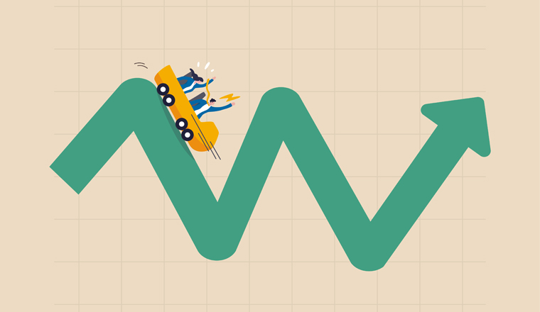 Investment volatility metaphor of riding roller coaster, financial stock market fluctuation rising up and falling down concept, people investors riding roller coaster on fluctuated market chart.