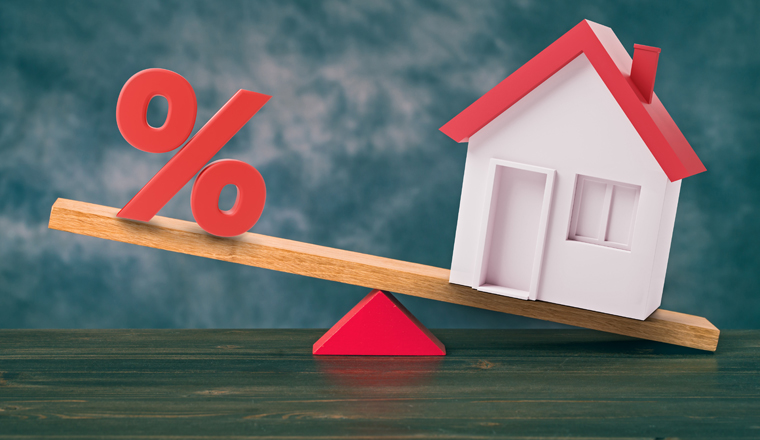 Mortgage rate balance concept, seesaw with percent and house. 3d illustration