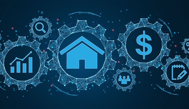 real estate concept, property value with icons of location, contract, and price diagram Cogs and gear wheel mechanisms concept. wireframe low polygonal blue mesh with dots, lines, and shapes.