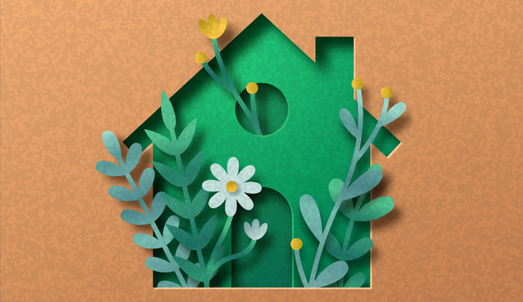Eco house papercut illustration concept with green leaf and flower garden inside. 3D clean energy home cutout craft in recycled paper background. Sustainable architecture or real estate design.