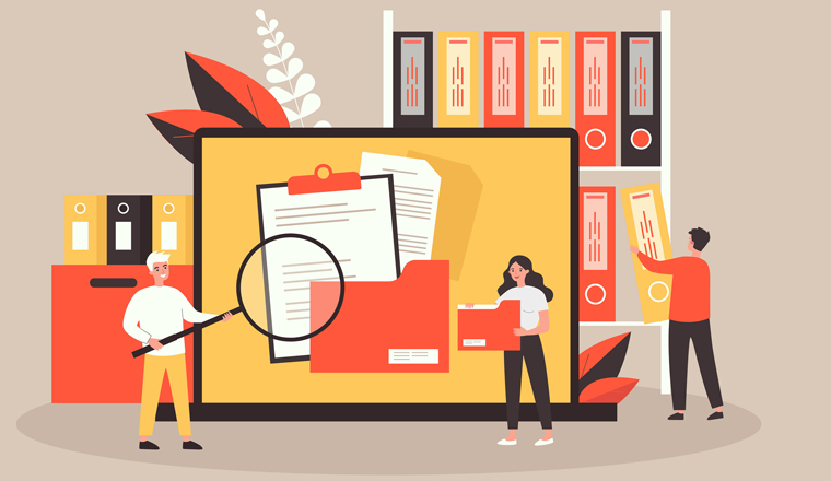 People taking documents from shelves, using magnifying glass and searching files in electronic database. Vector illustration for archive, information storage concept