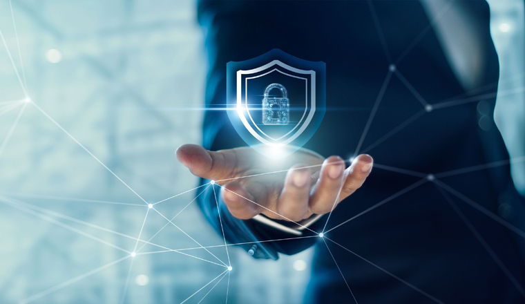 Businessman holding Shield with padlock in hand on global networking connection, Data protection and network security, insurance business, internet fire wall and crime cyber protection. 