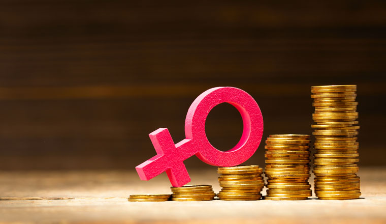 Gender discrimination. The salaries of women are higher. Stacks of coins, steps up, and a female gender mark. Template Copy space for text.