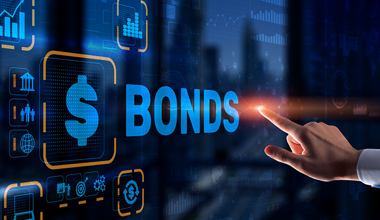 Businessman clicks a bonds virtual screen. Bond Finance Banking Technology concept. Trade Market Network.