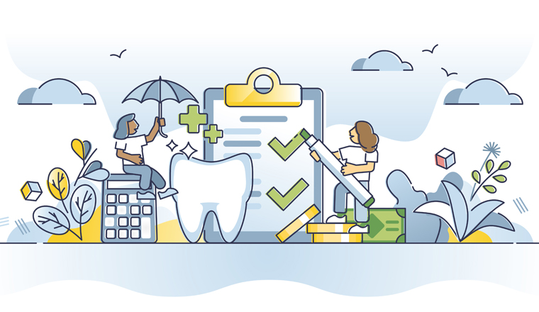 Dental insurance and tooth care cost financial coverage outline concept. Stomatology financial safety for doctor expenses vector illustration. Legal document for patient medical bill prices reduction.