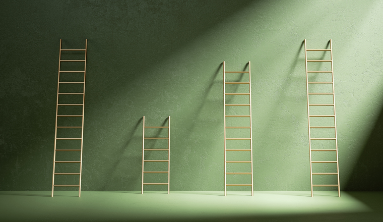 3d render. Abstract green background. Empty wall with golden ladders illuminated with the sunlight