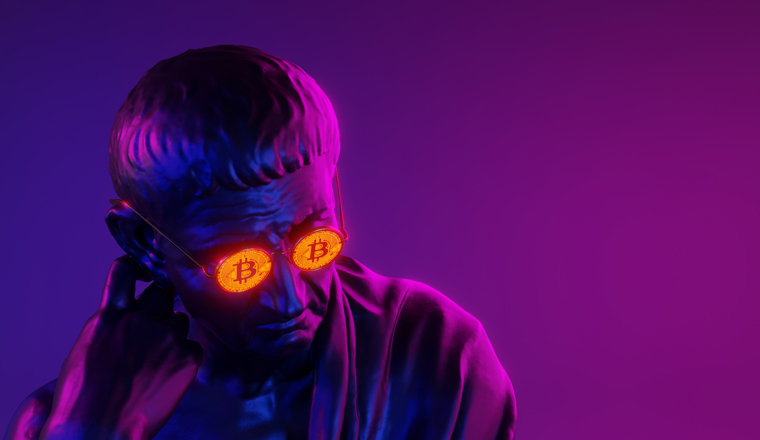 Portrait of a seated philosopher in bitcoin glasses on a neon background. 3d image.