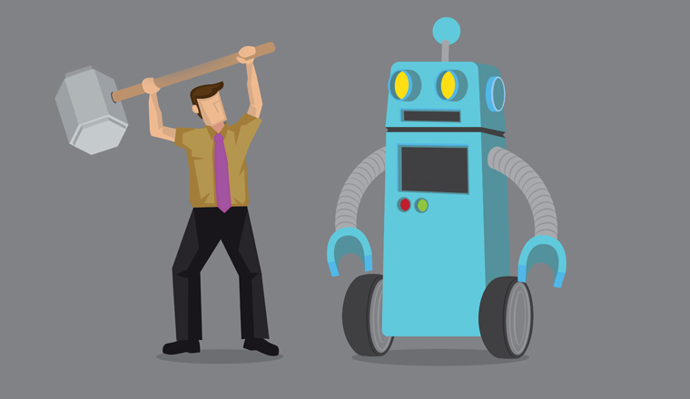 Office worker attack robot who replace his job. Depicts automation, future job market and artificial intelligence. Concept of Human vs Robot. Isolated vector cartoon illustration.
