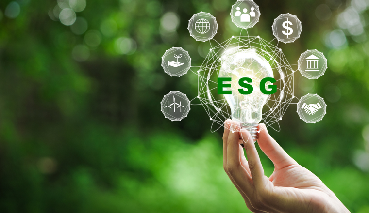 Hand holding light bulb with ESG icon concept for environmental, social, and governance in sustainable and ethical business on the Network connection on a green background.