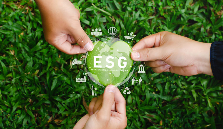 Global ESG icon concept with teamwork. Contribute to saving the environment in a heart shape and in a sustainable business on networking on a green background.