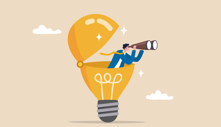 Creativity to help see business opportunity, vision to discover new solution or idea, curiosity, searching for success concept, businessman open lightbulb idea using binoculars to see business vision.