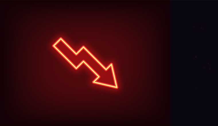 Outline neon decrease arrow icon. Glowing neon decline chart sign, downward arrow pictogram in vivid color. Financial forecast, drop in shares, lesion and falling trend. Vector icon set, symbol for UI