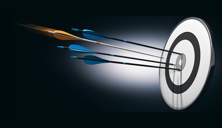 Orange arrow hitting the center of a target, surpass competitors. Superformance concept.