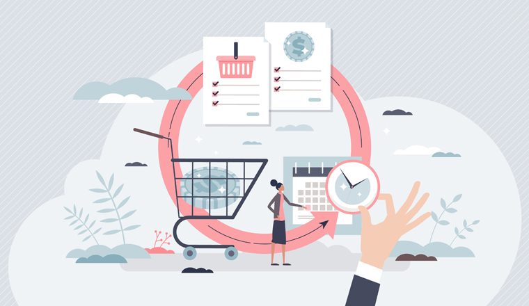 Procurement occupation with purchase planning and control tiny person concept. Work with buying goods, supply demand and monthly expenditure monitoring vector illustration. Inventory flow organization