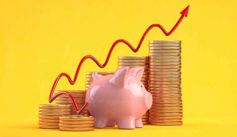 Piggy bank with coin stacks on yellow background. Financial, savings and Investment concept. 3d illustration