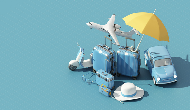 travel insurance, travel and protection concept umbrella surrounded by luggage, camera, sunglasses, hat with scooter and car on blue and yellow tones 3d render isometric