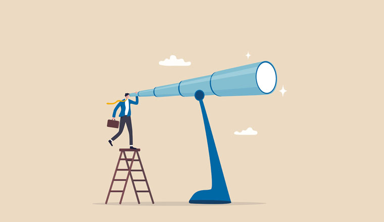 Long term plan or business strategy for far future, looking for opportunity, forecast and visionary, discover long term goal concept, businessman looking through oversized long telescope to see future