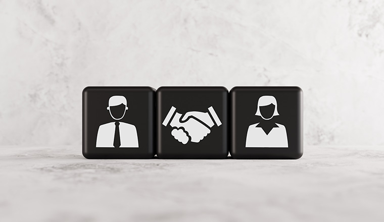Black wooden cubes with icons of a man and a woman. Mediation concept, mediator who helps to solve problems in marriage, private matters. 3D render, 3D illustration.