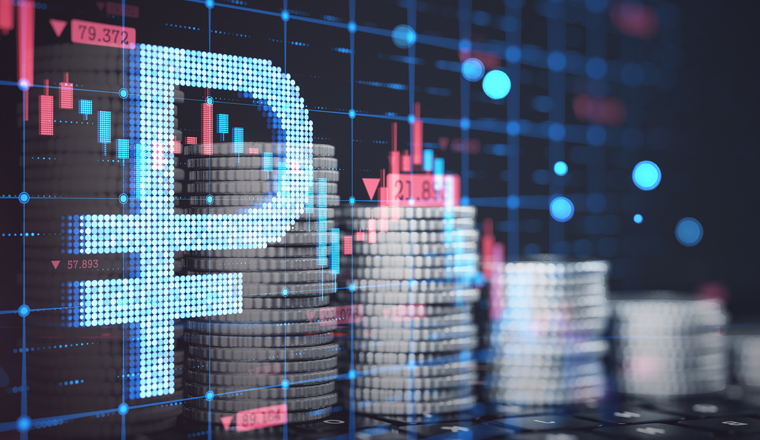 Abstract glowing falling forex chart with dollar sign on dark background with coin stacks. Trade, finance, crisis and economy concept. Double exposure