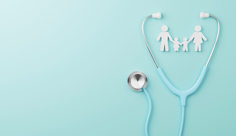 Top view of medical stethoscope and icon family on cyan background. Health care insurance concept. 3d rendering