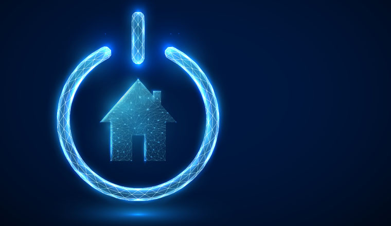 Abstract blue glowing house icon in power button. Smart home concept. Low poly style design. Geometric background. Wireframe light connection structure. Modern 3d graphic. Vector illustration.Abstract blue glowing house icon in power button. Smart home concept. Low poly style design. Geometric background. Wireframe light connection structure. Modern 3d graphic. Vector illustration.