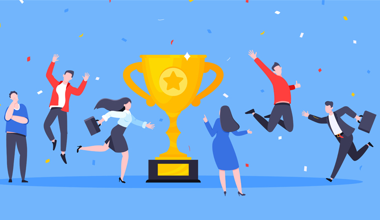 Employee recognition or proud workers of the month business concept flat style design vector illustration. Young adult people jump in the air near trophy cup.