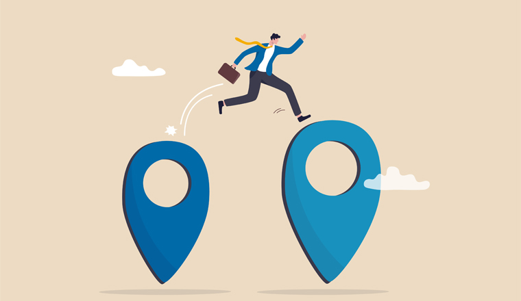 Business relocation, move office to new address or transfer to new location concept, businessman company owner jumping from map navigation pin to new one metaphor of relocation.