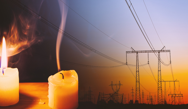 Burning flame and extinguished candle and power lines on background. Energy outage and blackout. Energy crisis. Price increase of electricity for home and industry.