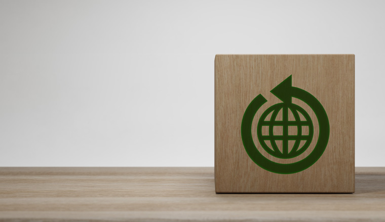Green business and sustainable development. World earth day.The wooden background with protected earth symbol. Eco banner. ecology concept. 3D illustration