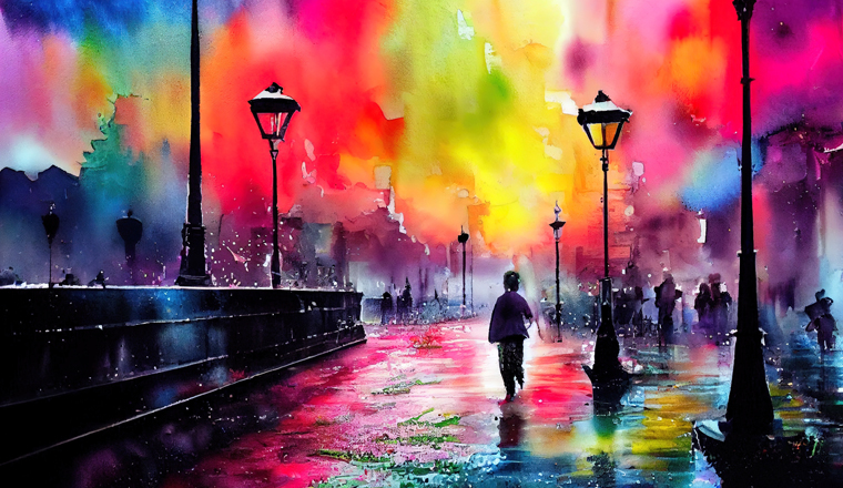 bright watercolor painting with the expression of the night city in bright colors art