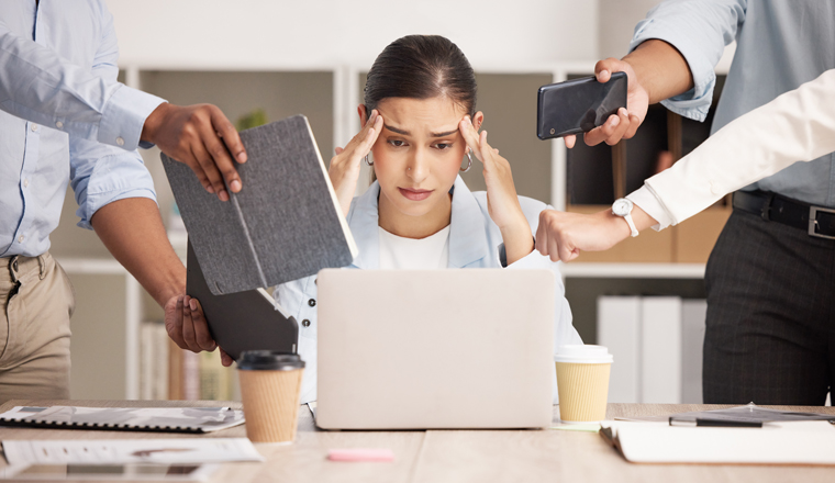 Stress, anxiety and multitasking business woman with headache from workload and laptop deadline in office. Burnout, frustration and overwhelmed lady exhausted, procrastination in toxic workplace.
