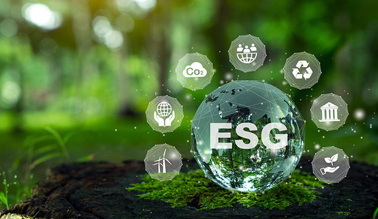 ESG Banner.ESG icon concept on tcrystal globe for environmental, social, and governance in sustainable and ethical business on the Network connection on a green background.