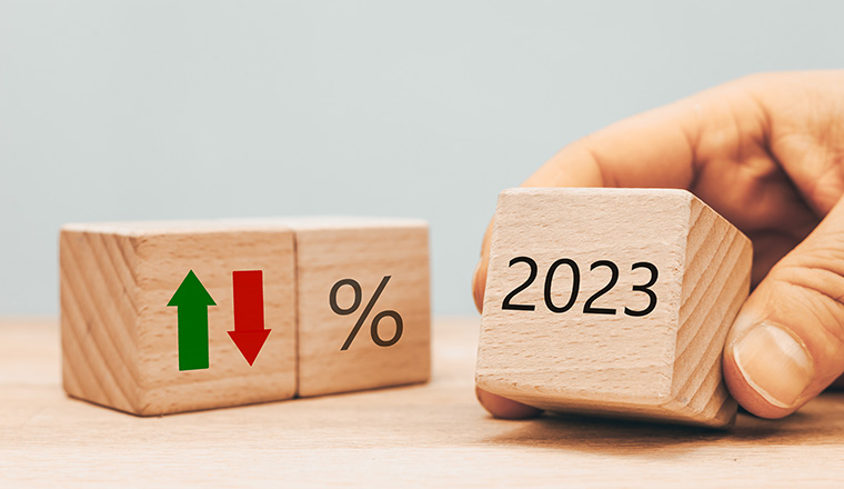 Year 2023 business concept. Economic and financial analysis, interest rates, stocks, bonds, ranking, mortgage, loan rates, Percent, up or down, arrow symbol