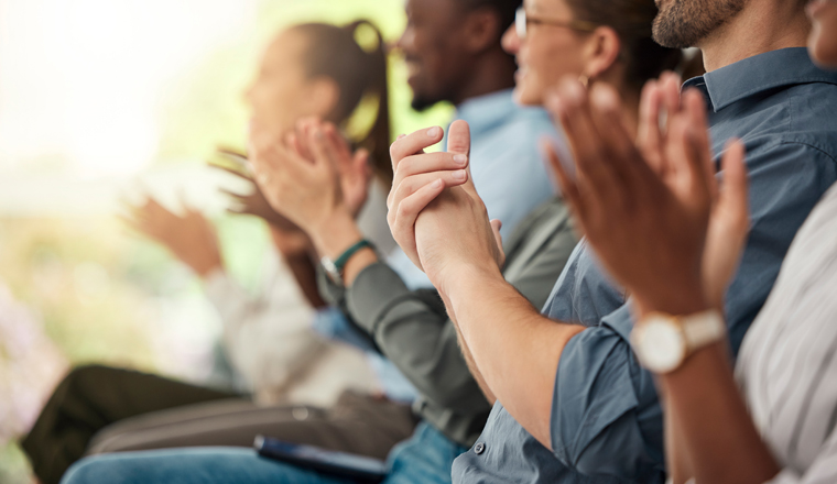 Business people applause in conference audience, crowd and tradeshow workshop for, training, motivation and presentation. Employee team clapping hands for success, seminar event and support meeting.