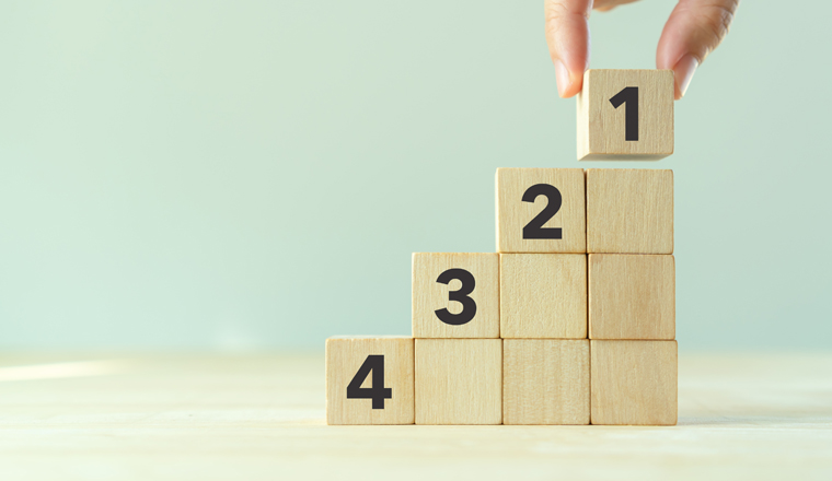 Task priority and management concept. The order of priority in any activity. Set work priority, arrange to do list. Wooden cubes with number first, second, third and fourth.