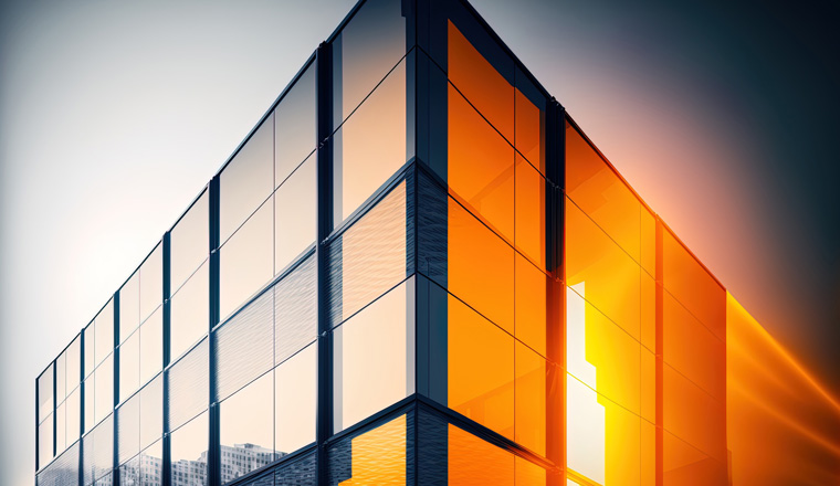 A contemporary office building's glass front against a backdrop of a clear sky. transparent glass wall with orange decorations and a lamp in an office building. Creative Photo Element of Modern Buildi. Generative AI