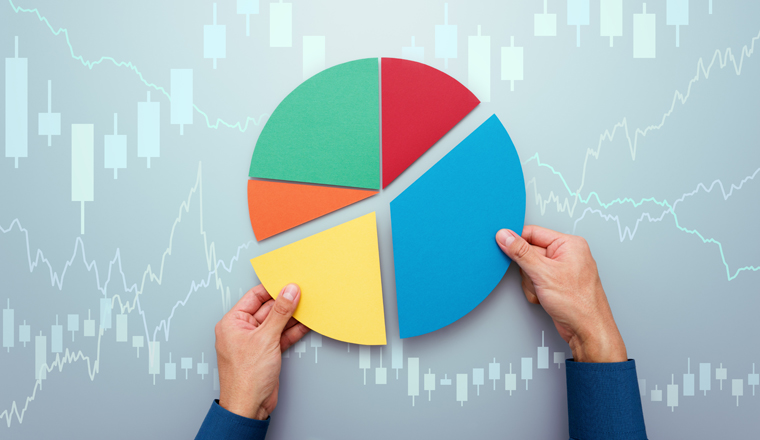 Strategy of diversified investment.  Investor managing portfolio. Pie chart and candlestick charts. 
