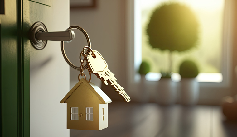 Opening door with golden house key chain on fuzzy interior background and mockup for your advertisement. Homebuying idea. Generative AI