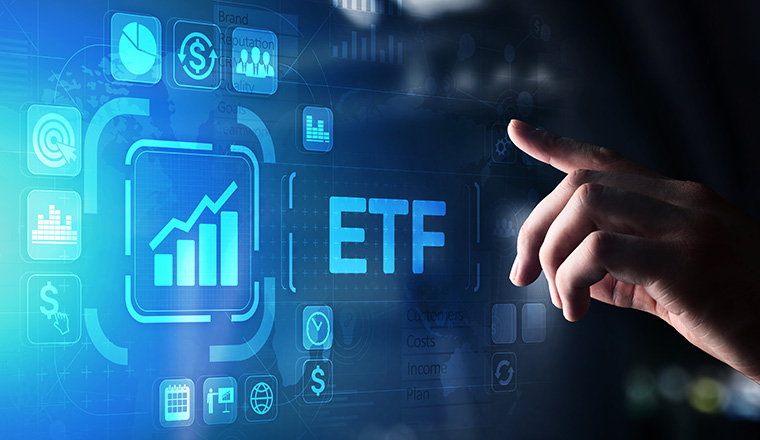 ETF Exchange traded fund Trading Investment Business finance concept on virtual screen.