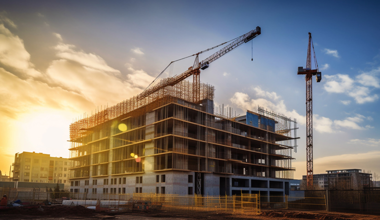 construction site and sunset , structural steel beam build large residential buildings. High quality photo