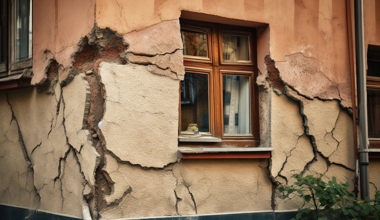 Cracked wall in exterior walls of house due to earthquake. Generative AI illustration